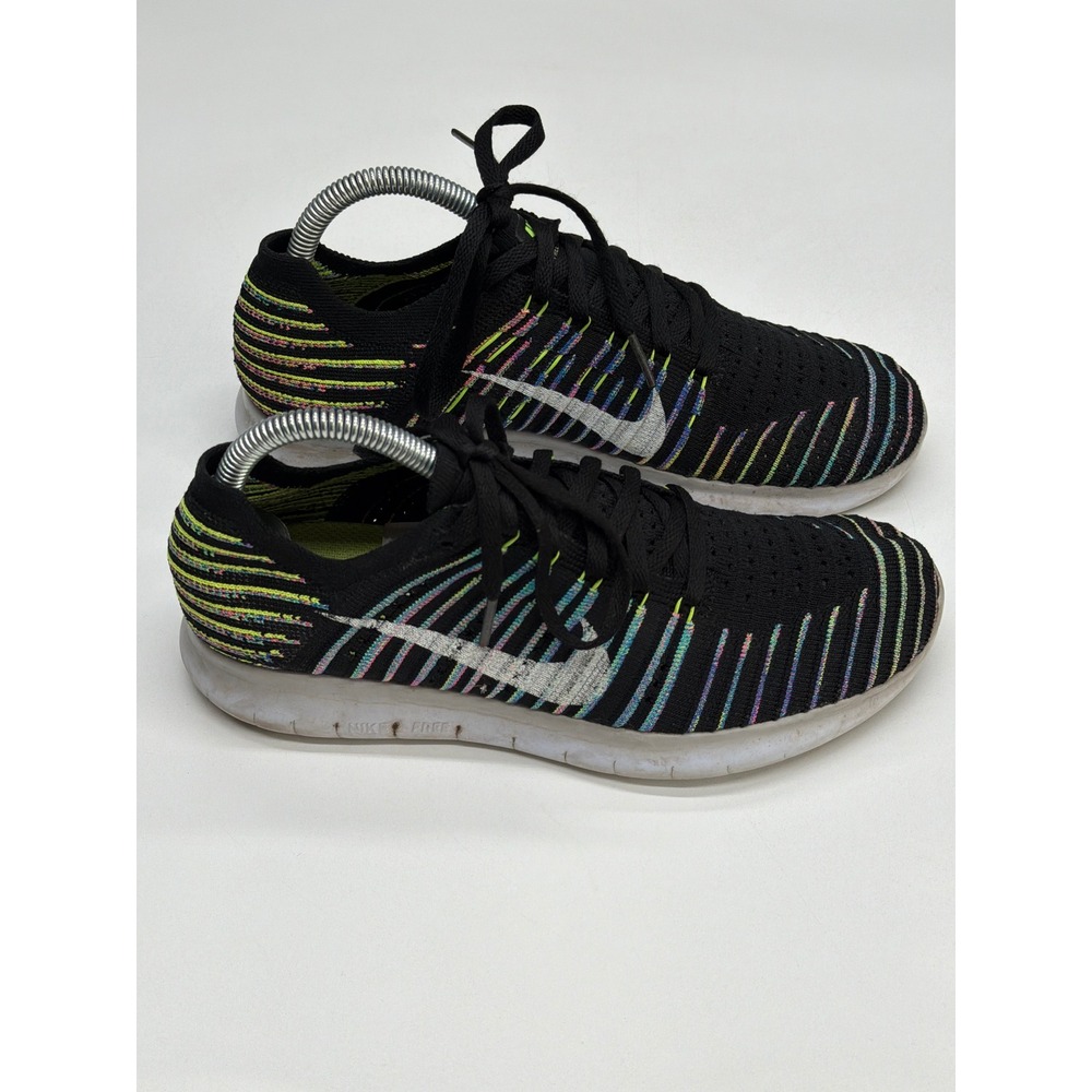 Nike Free RN Flyknit Women's Running Shoes Black‎ Rainbow Multi Color Size 7.5